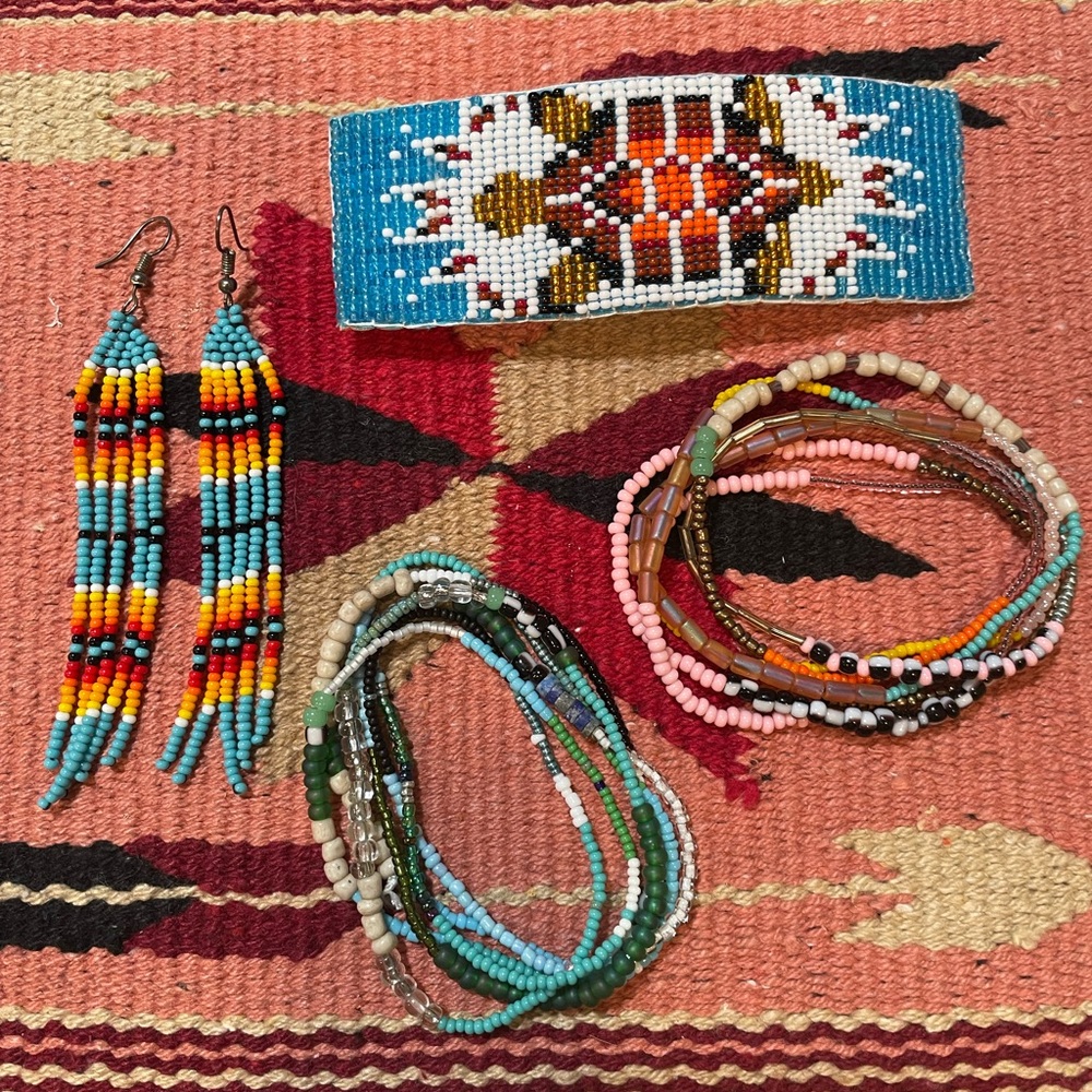Set of Native Seed Bead Jewelry, Earrings, Barrette (Hair Clip), Necklaces